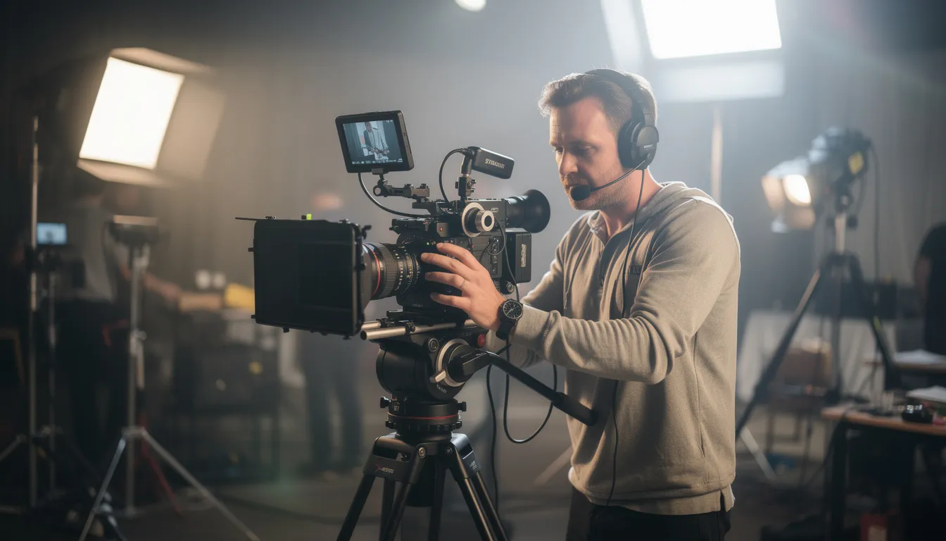 A professional cinematographer is adjusting a large cinema camera on a film set, surrounded by various lighting equipment that enhances the visual world of filmmaking. The scene highlights the responsibility and focus required by professionals to achieve remarkable results in their creative process.