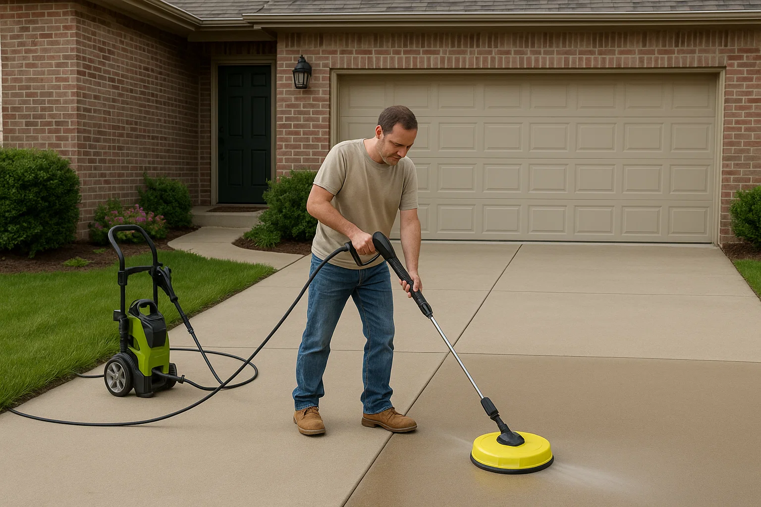 Homeowner maintaining a clean driveway surface with a pressure washer.