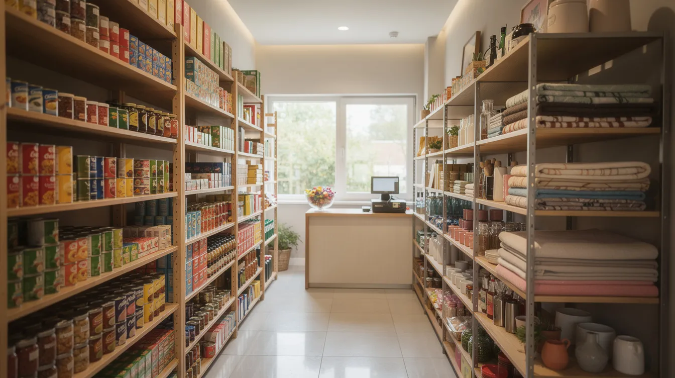 The image depicts a small retail shop with neatly arranged goods on shelves, creating an organized and inviting atmosphere for customers. This setting could be beneficial for small businesses looking to improve their credit score and enhance their loan eligibility for options like a Mudra loan.