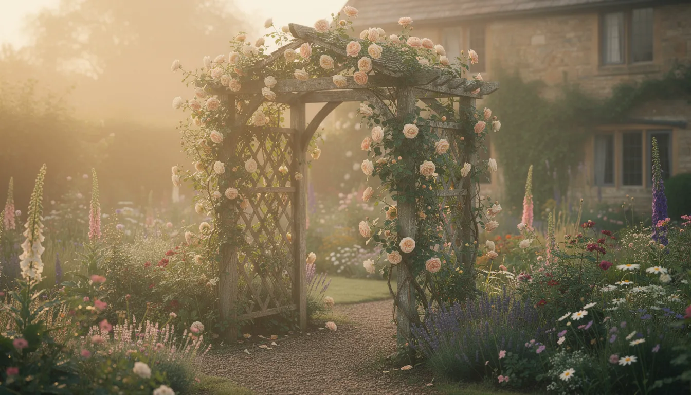 An English cottage garden bathed in soft morning light features climbing roses entwined around a wooden trellis, creating an enchanting scene reminiscent of William Morris