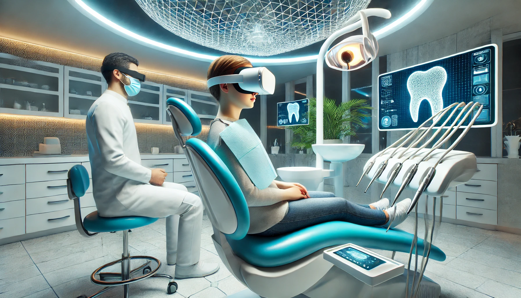 Futuristisk tannklinikk med innovative teknologier for behandling av tannlegeskrekk. Pasient med VR-headset ser avslappet ut