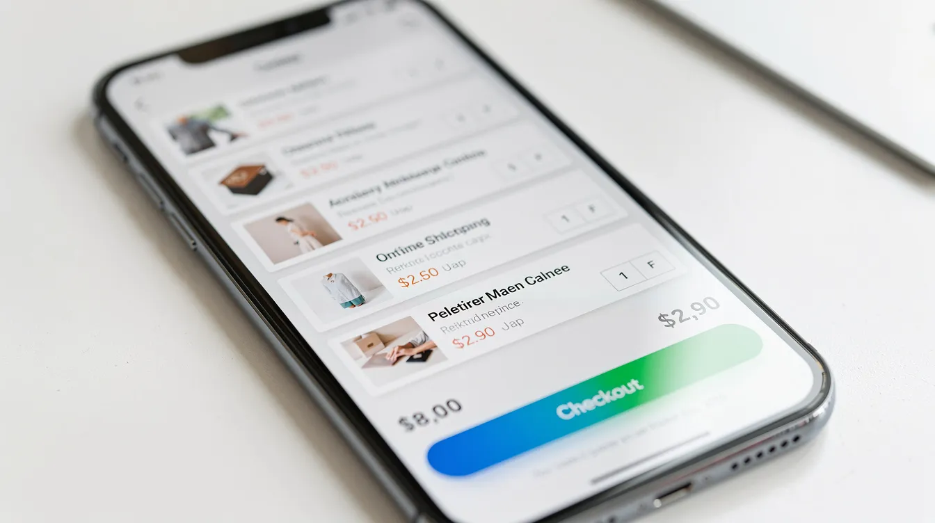 The image shows a smartphone screen with an online shopping cart filled with various product thumbnails and a prominent checkout button, illustrating the ease of online shopping for consumers. This visual highlights the importance of effective ad strategies, such as meta ads and dynamic remarketing campaigns, in driving conversions for DTC brands.
