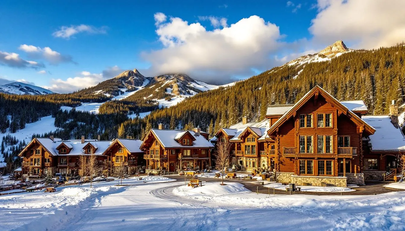 The image depicts Eagle Point Resort, showcasing rustic lodge buildings nestled among forested mountains and ski slopes, highlighting the natural beauty of southern Utah. This picturesque setting is ideal for winter activities such as skiing and snow tubing, making it a perfect getaway for families and adventure seekers alike.