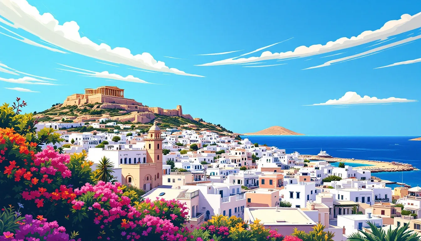 Malownicza panorama Lindos z białymi domami i akropolem na wzgórzu.