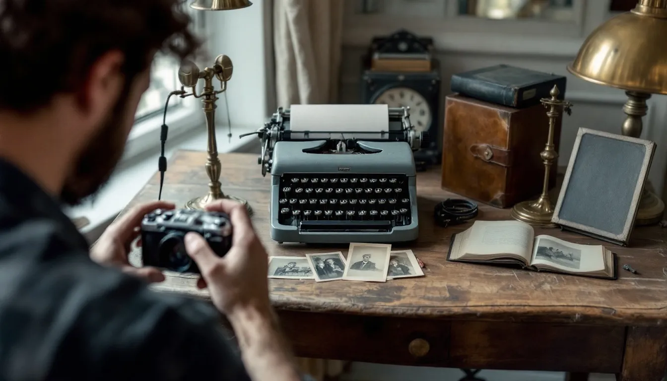 Na zdjęciu widoczna jest osoba robiąca zdjęcia starych przedmiotów, które leżą na stole oświetlonym naturalnym światłem. W tle można dostrzec różnorodne antyki i starocie, które mogą zainteresować miłośników historii oraz kolekcjonerów unikalnych przedmiotów.