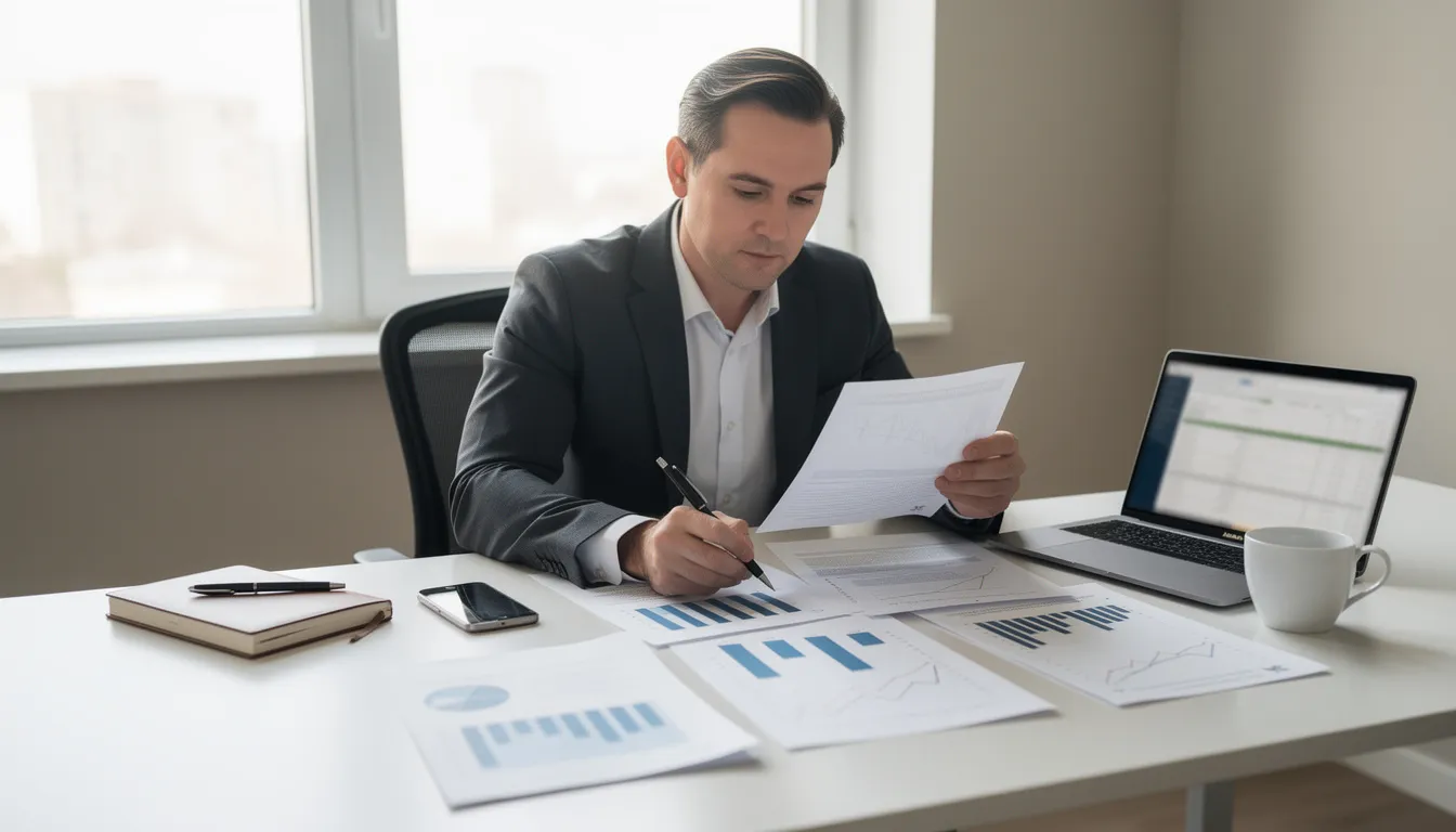 A business professional is seated at a desk, intently reviewing financial documents, which may include strategies for investments such as permanent life insurance and asset classes. The scene reflects a focus on managing wealth and providing financial solutions for clients.