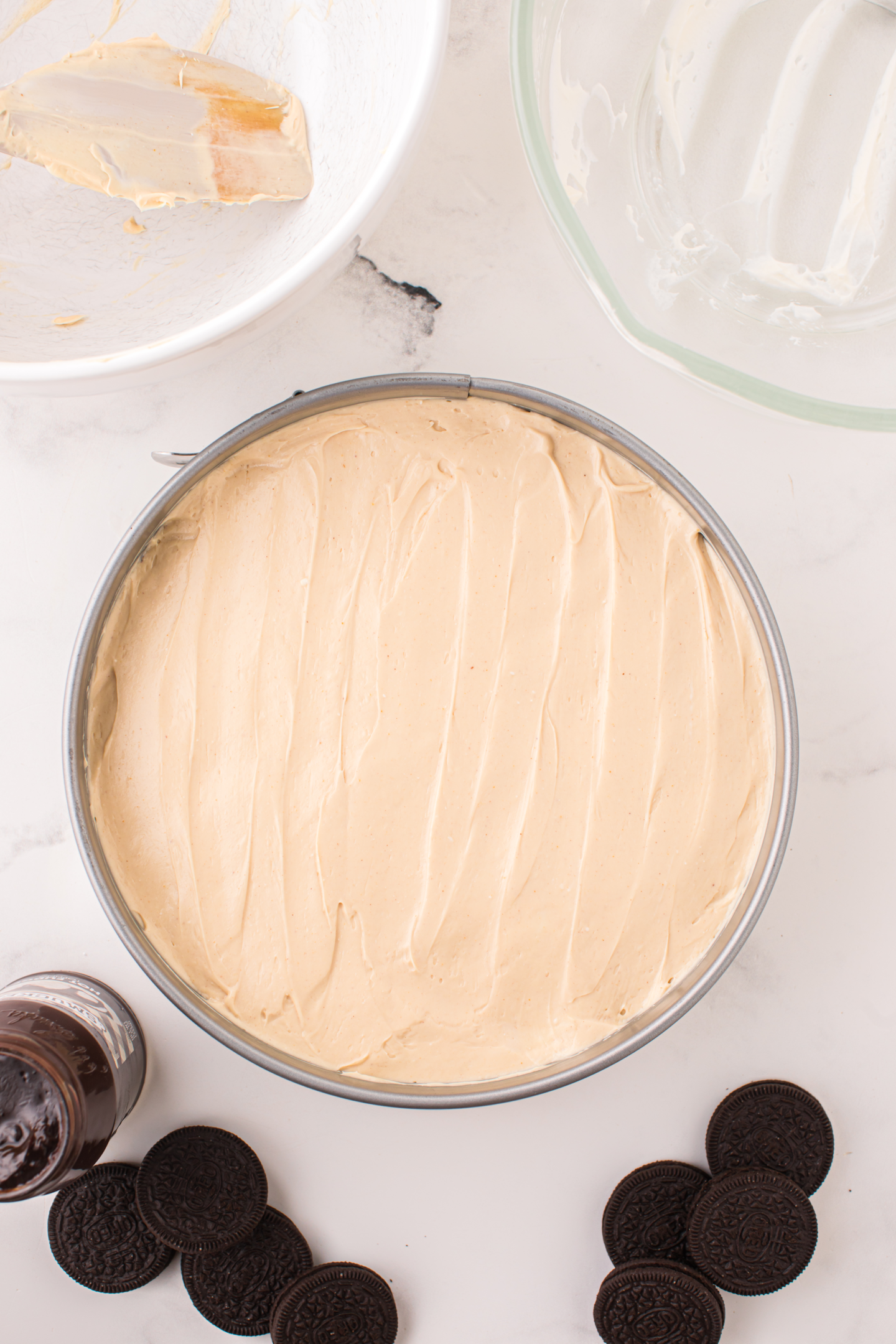 no bake peanut butter cheesecake filling in springform pan