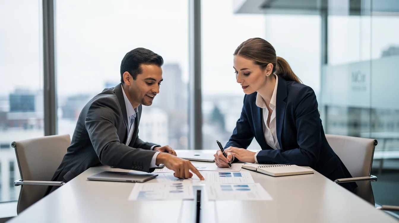 Two professionals, likely transactional attorneys, are engaged in a focused discussion while reviewing legal documents at a sleek conference table in a modern office setting, exemplifying the collaborative nature of business transactions and corporate law. Their interaction suggests a thorough examination of business agreements and strategies for managing potential risks in complex transactions.