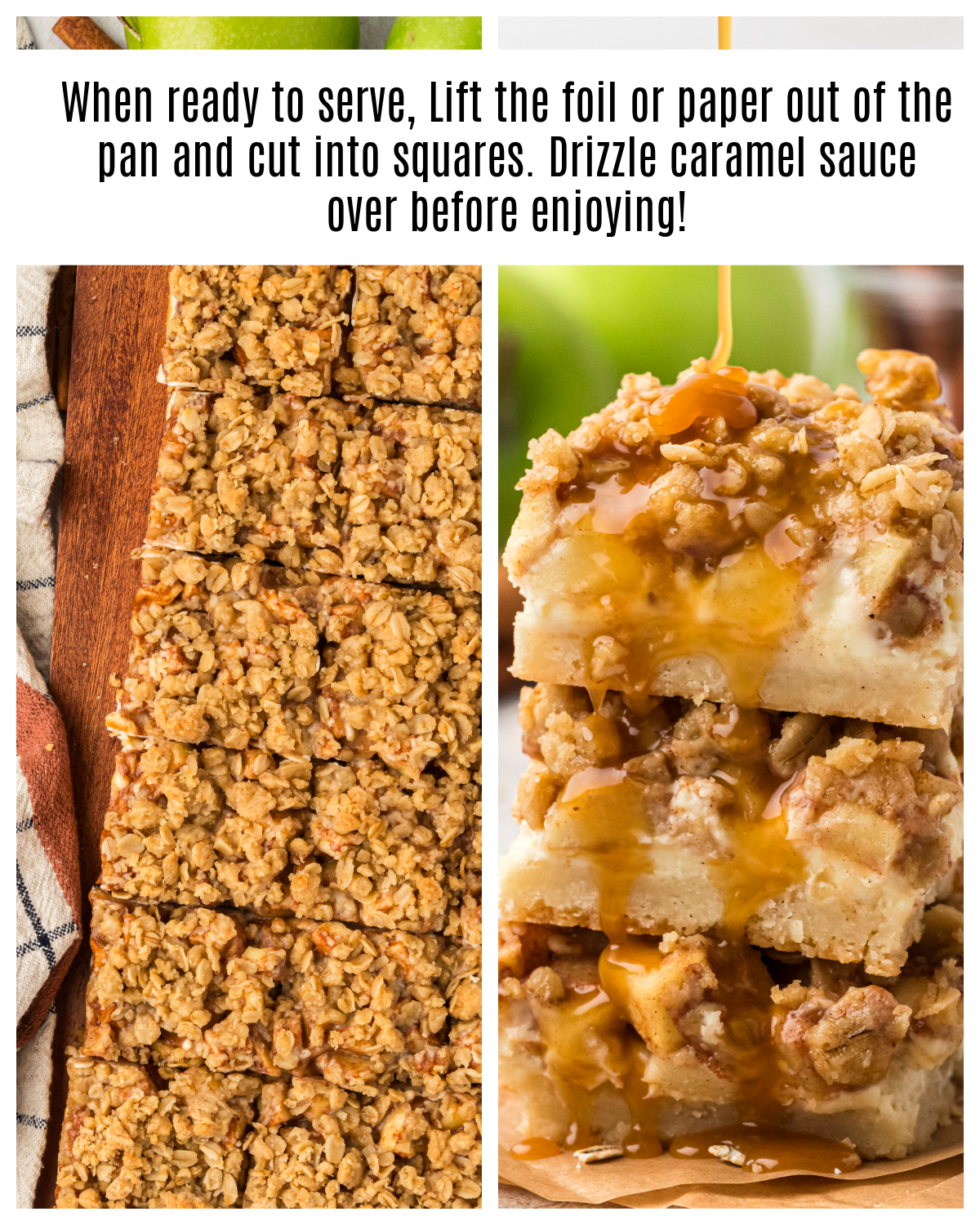 baked caramel apple cheesecake bars drizzled with caramel sauce