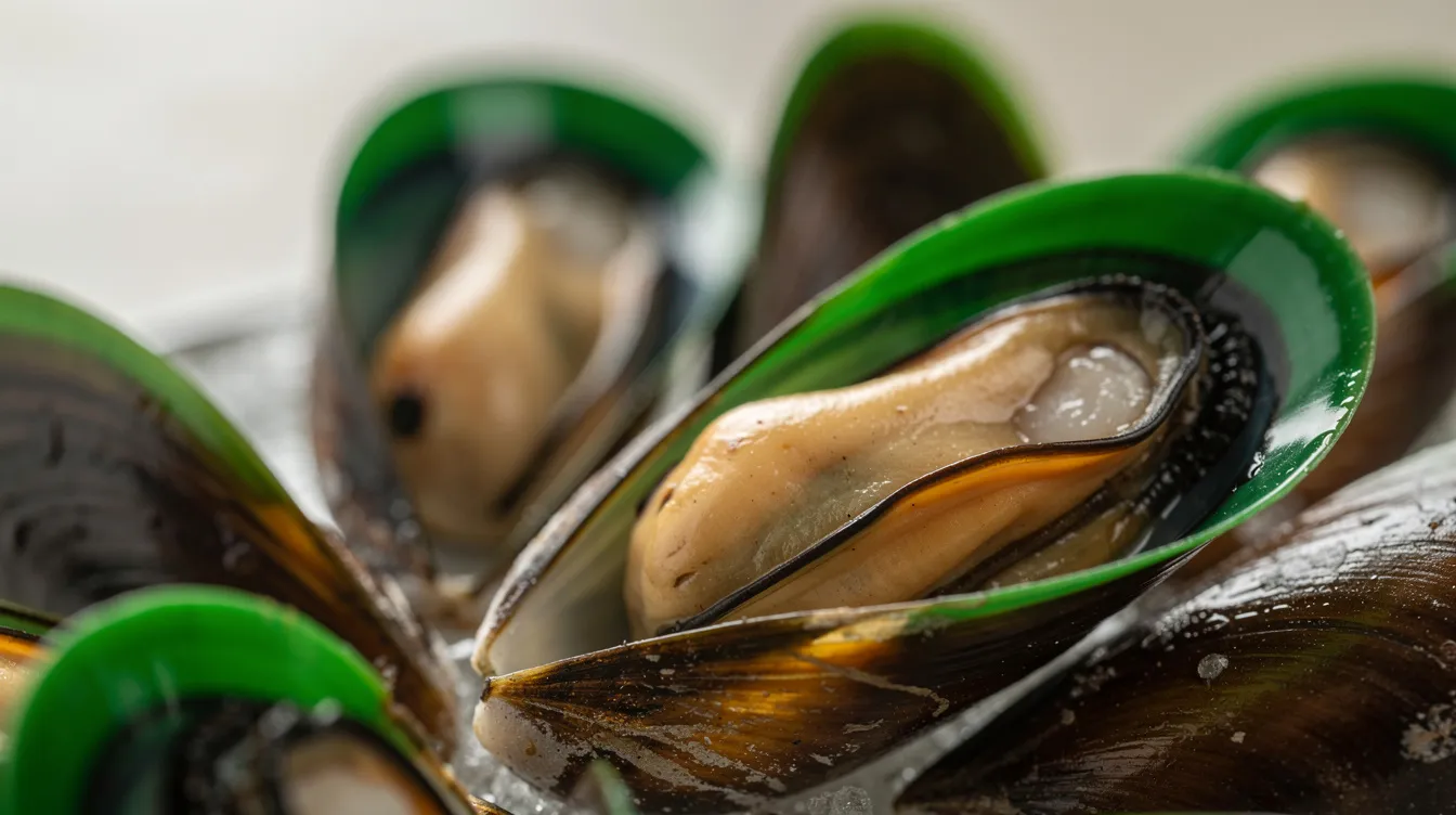 A close-up photograph showcases green-lipped mussels in their shells, highlighting the bright green stripe along the shell lip. These mussels are known for their rich nutrients, making them a beneficial addition to joint supplements for dogs, particularly for supporting joint health and mobility in older or arthritic dogs.