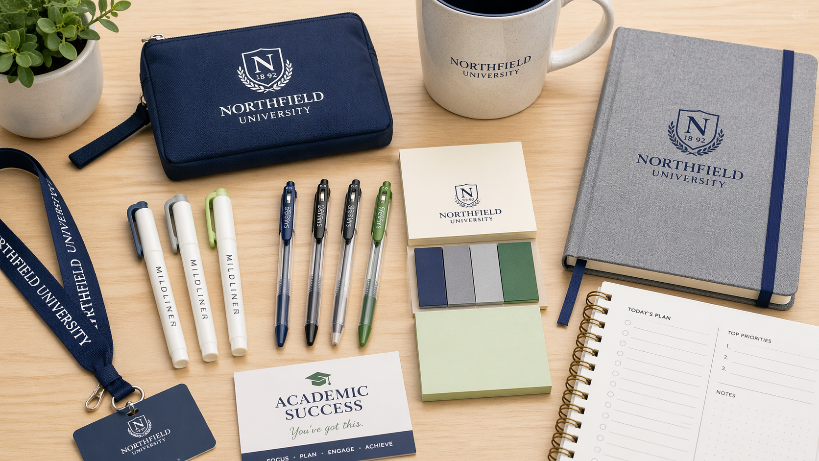 Desk essentials and study kits, featuring branded highlighters, gel pens, sticky notes, and bamboo desk organizers, designed for students' dorm spaces and study routines.