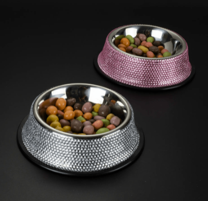 Dog bowls with special features of pink and silver rhinestones