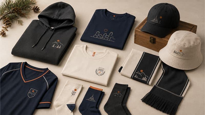 Wearable souvenirs including personalized T-shirts, hoodies, caps, bucket hats, socks, and scarves