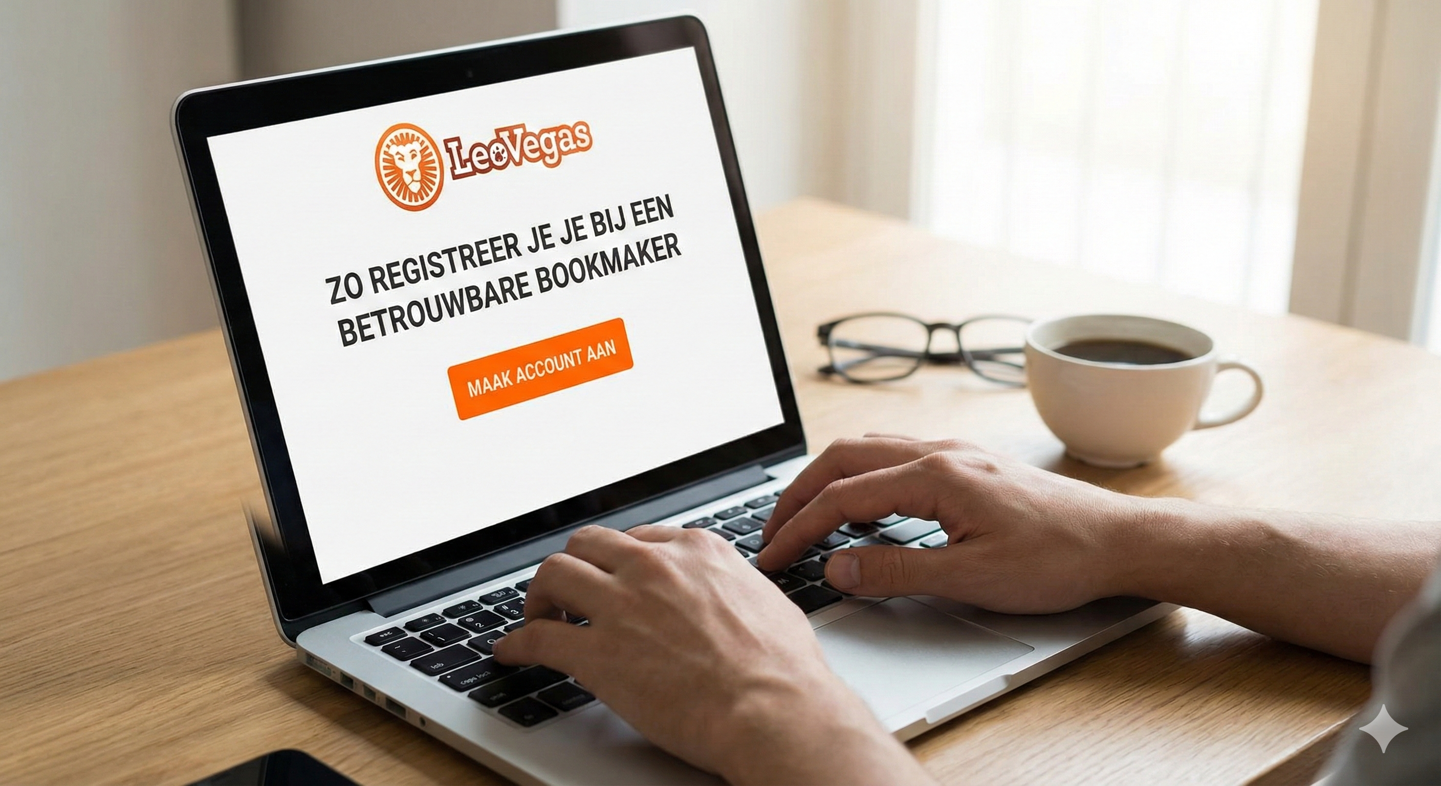 Laptop met LeoVegas-logo en registratiepagina, waarop iemand een account aanmaakt bij een betrouwbare online bookmaker, met koffie op tafel.