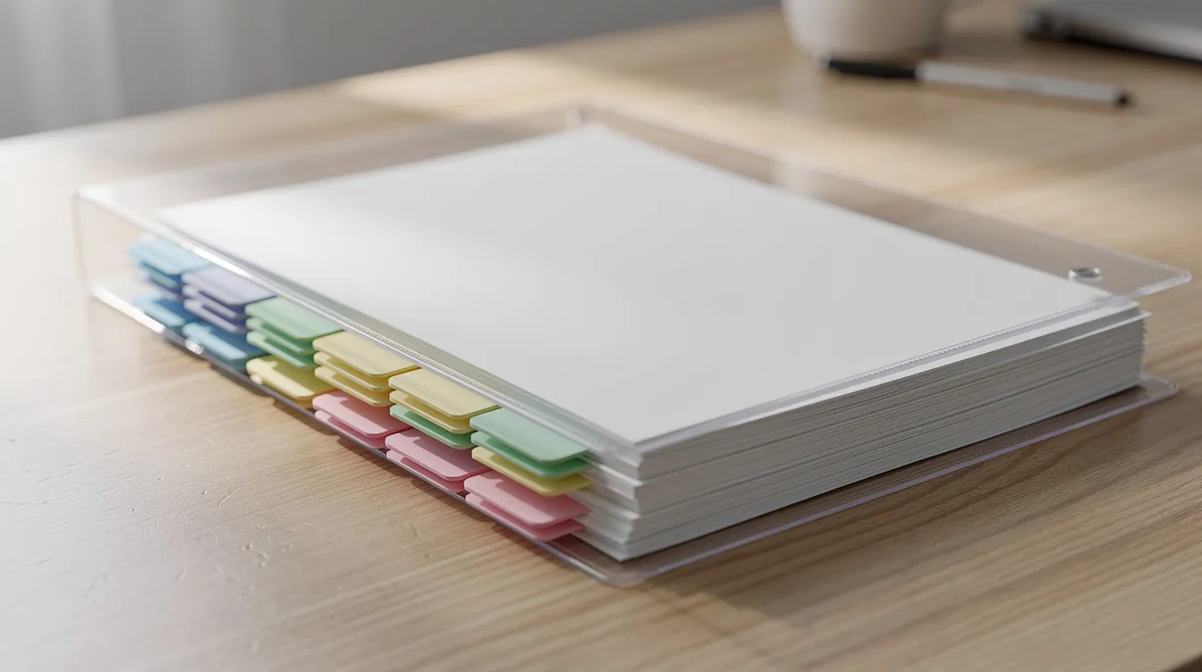 ac9b27ed 7312 47f3 8c7a 02d164c49ab3 The image features a neatly organized transparent file folder resting on a wooden desk, containing various papers and colorful dividers, likely related to essential documents for a mudra loan application process, including bank statements and proof of income. This setup emphasizes the importance of having all required documents, such as identity and address proof, well-arranged for easy access.