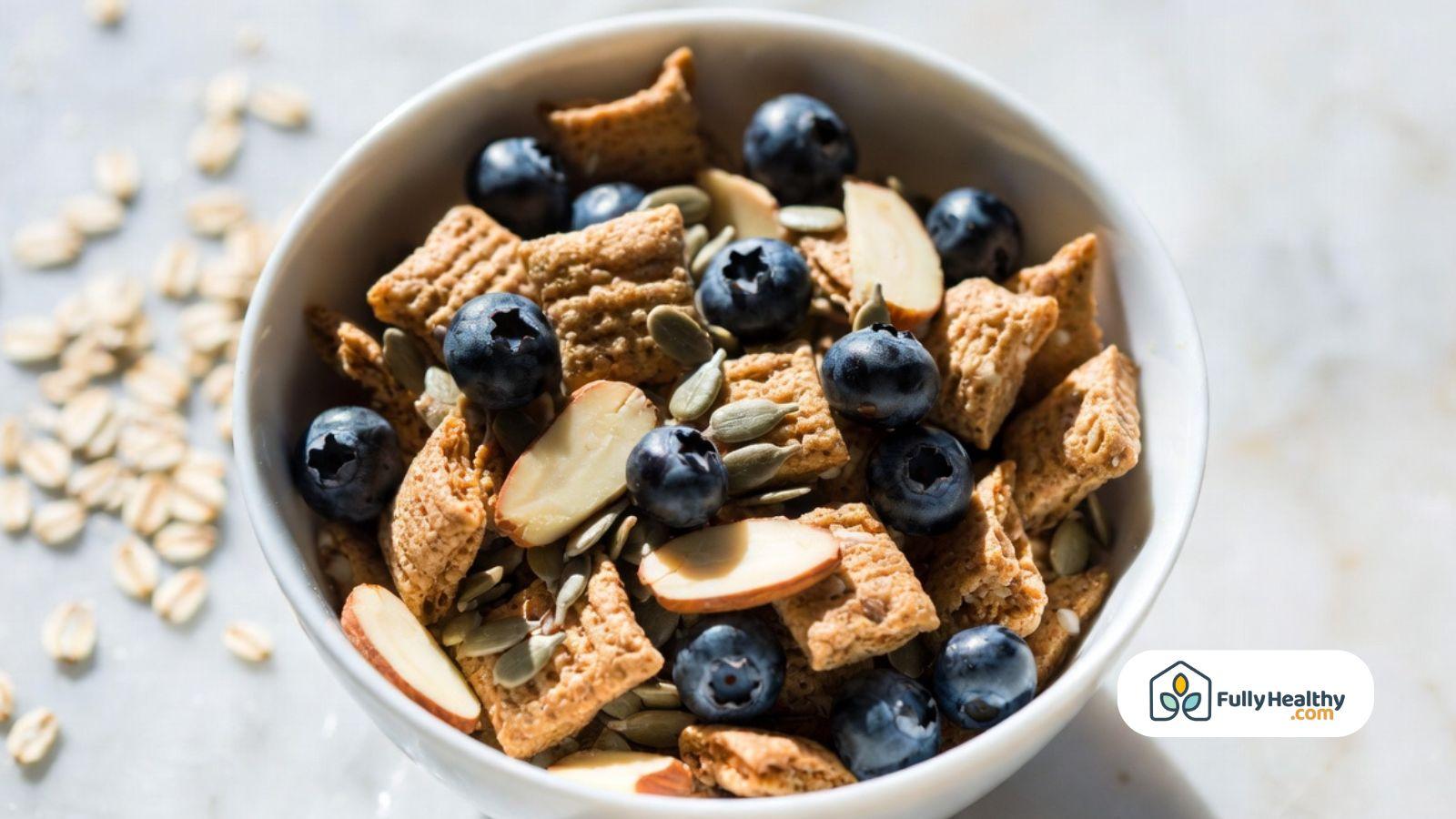 Whole grain cereal with blueberries, pumpkin seeds, almonds, and oats in a healthy breakfast bowl.