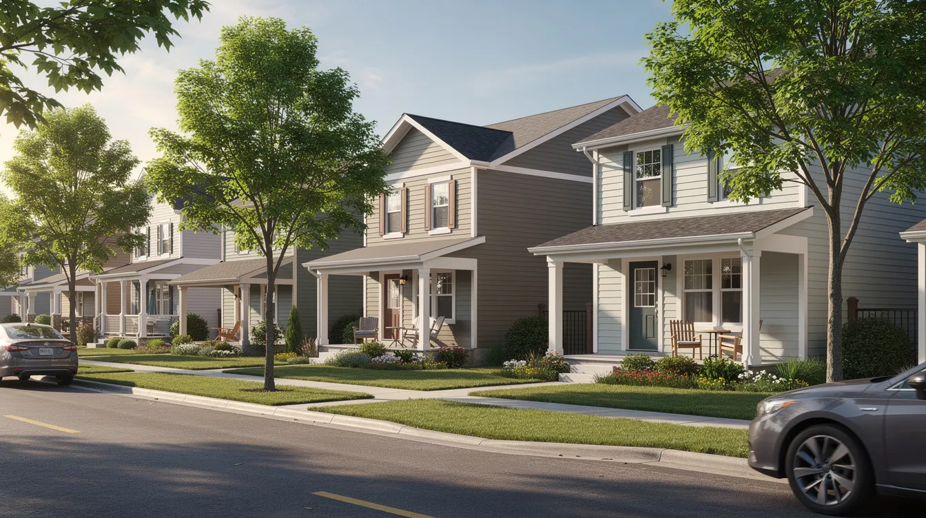 The image depicts a row of beautifully renovated suburban houses lined along a tree-filled street, showcasing the potential of fix and flip projects for real estate investors. Each home reflects careful attention to detail, representing successful investments that can yield strong cash flow and attractive resale values.