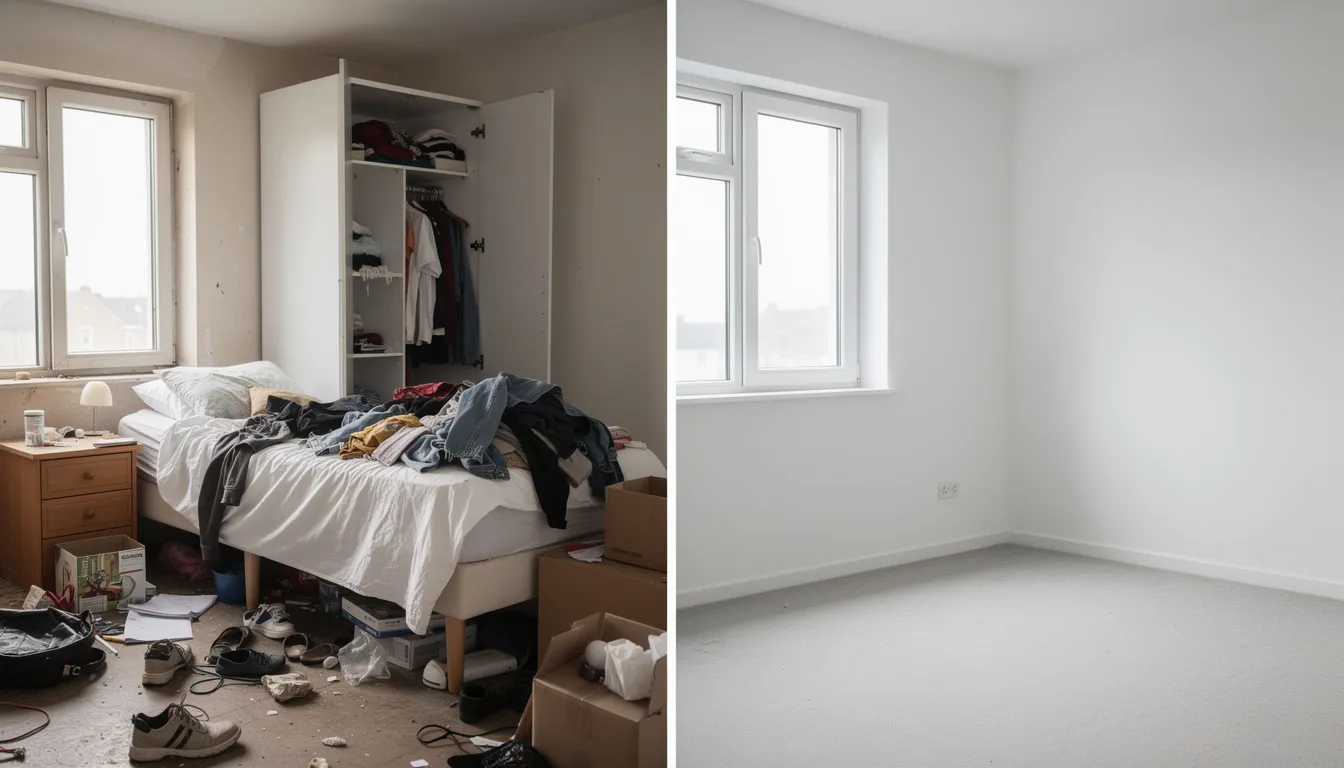 The image shows a cluttered room filled with unwanted items before and a clean, empty space after a professional junk removal service. This transformation highlights the efficiency of junk removal experts who handle all the heavy lifting and responsible disposal practices, providing a stress-free experience for homeowners and businesses alike.