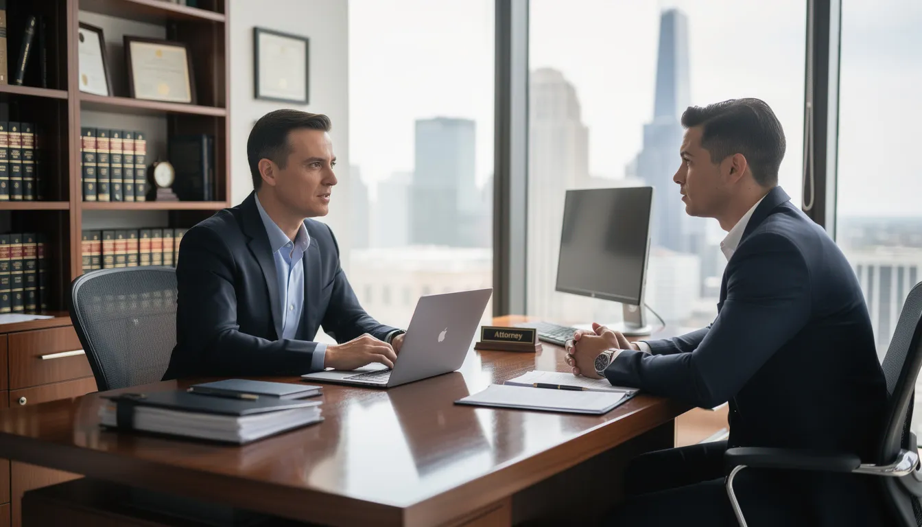 The image shows an attorney meeting with a client in a professional office setting, discussing social security disability claims and the process of applying for benefits. The attorney appears attentive and engaged, providing legal representation and guidance to the client seeking assistance with their social security disability insurance needs.
