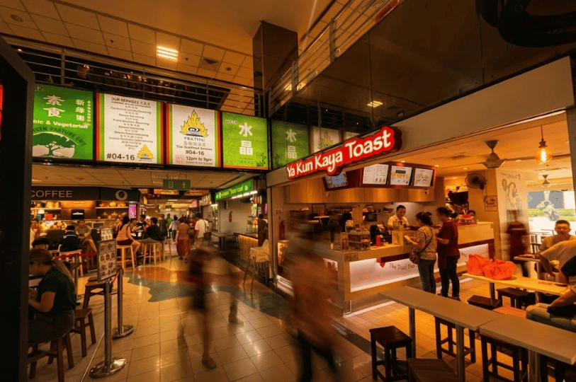 A busy corridor inside Fortune Centre featuring the iconic Ya Kun Kaya Toast stall on the right, with a blurred photographic effect capturing the motion of patrons actively walking through the dining hall.