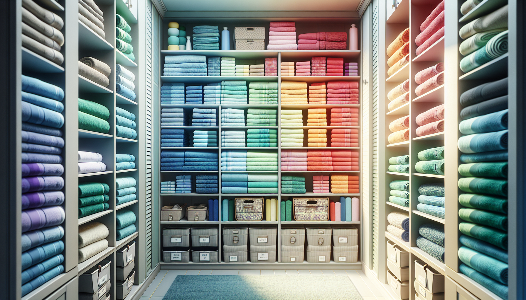 An illustration of organizing and storing folded towels in a linen closet, maximizing storage space.