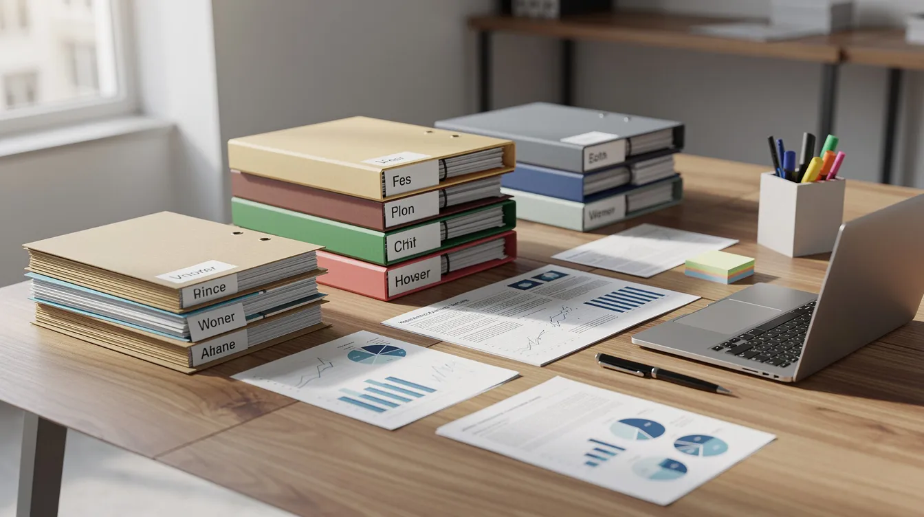 aca0c938 f509 4bef 9732 37d6514a43b2 The image depicts a neatly organized wooden desk filled with various business files and documents, including bank statements and a business plan. This setting reflects the importance of proper documentation for business owners seeking financial assistance, such as mudra loans or other business loans from banks and financial institutions.