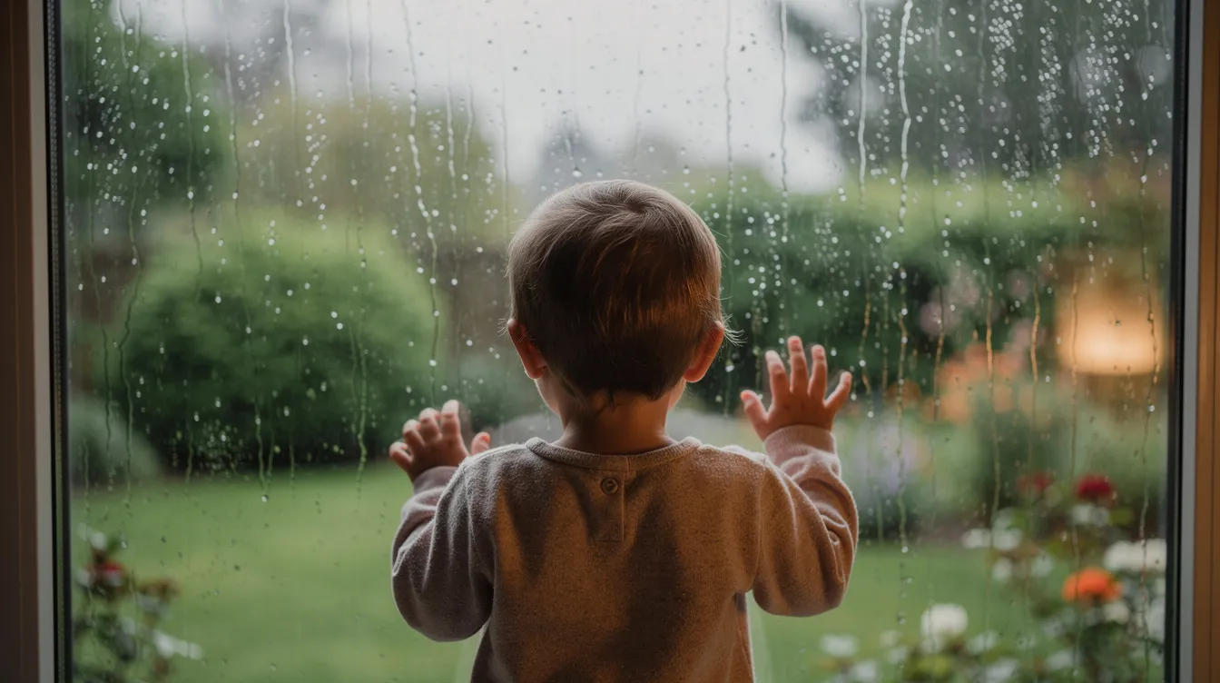 Na obrazku widzimy dziecko patrzące przez okno na deszczowy ogród. W tle widać krople deszczu spadające na rośliny, co tworzy atmosferę typową dla obserwacji pogodowych i tematów związanych z kalendarzem pogody.