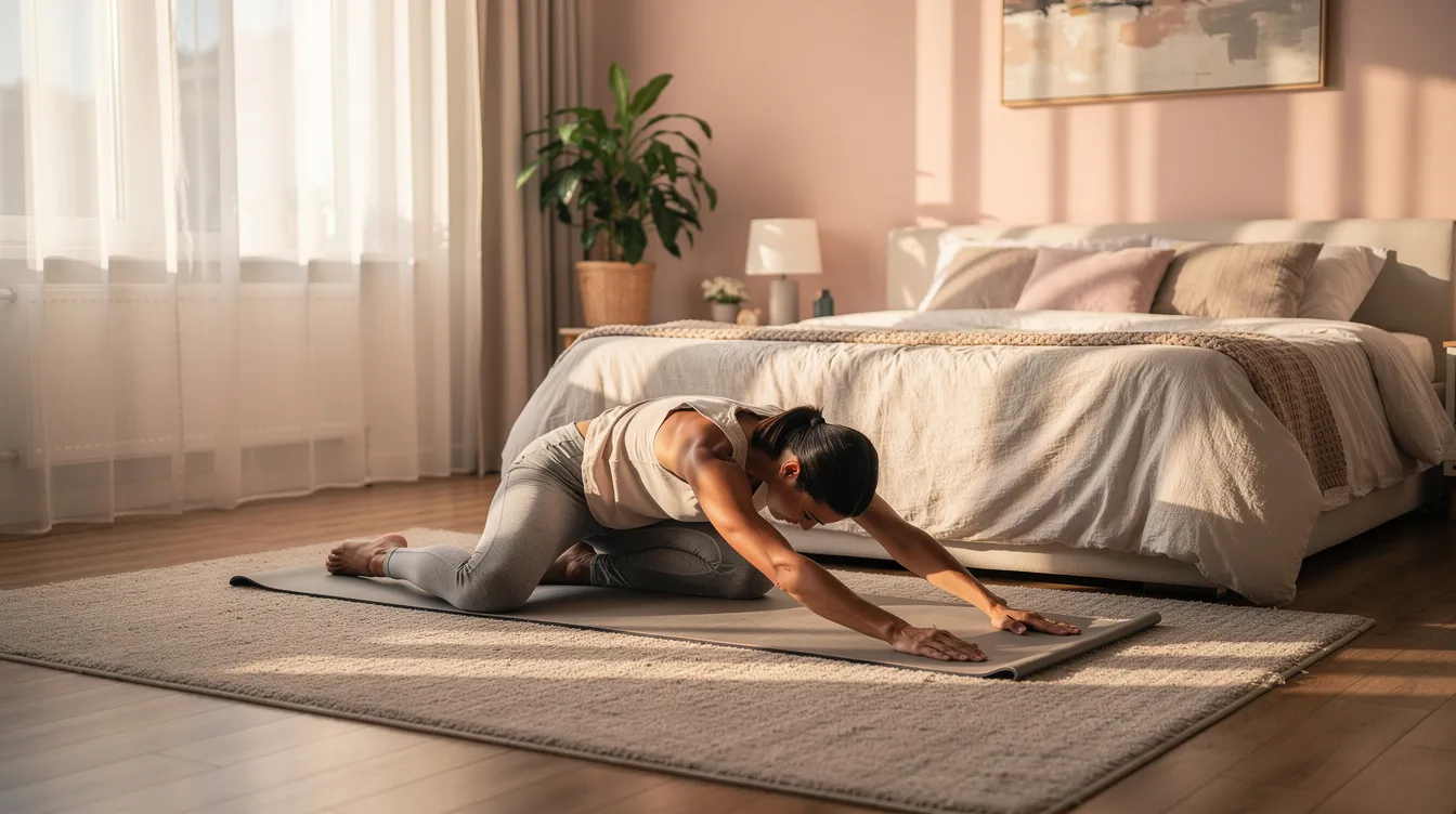 A person is stretching on a mat in a softly lit bedroom, creating a calming atmosphere that could enhance their nighttime routine and potentially improve sleep quality. Engaging in such activities may help alleviate sleep issues and promote better sleep, especially for those who are sleep deprived.