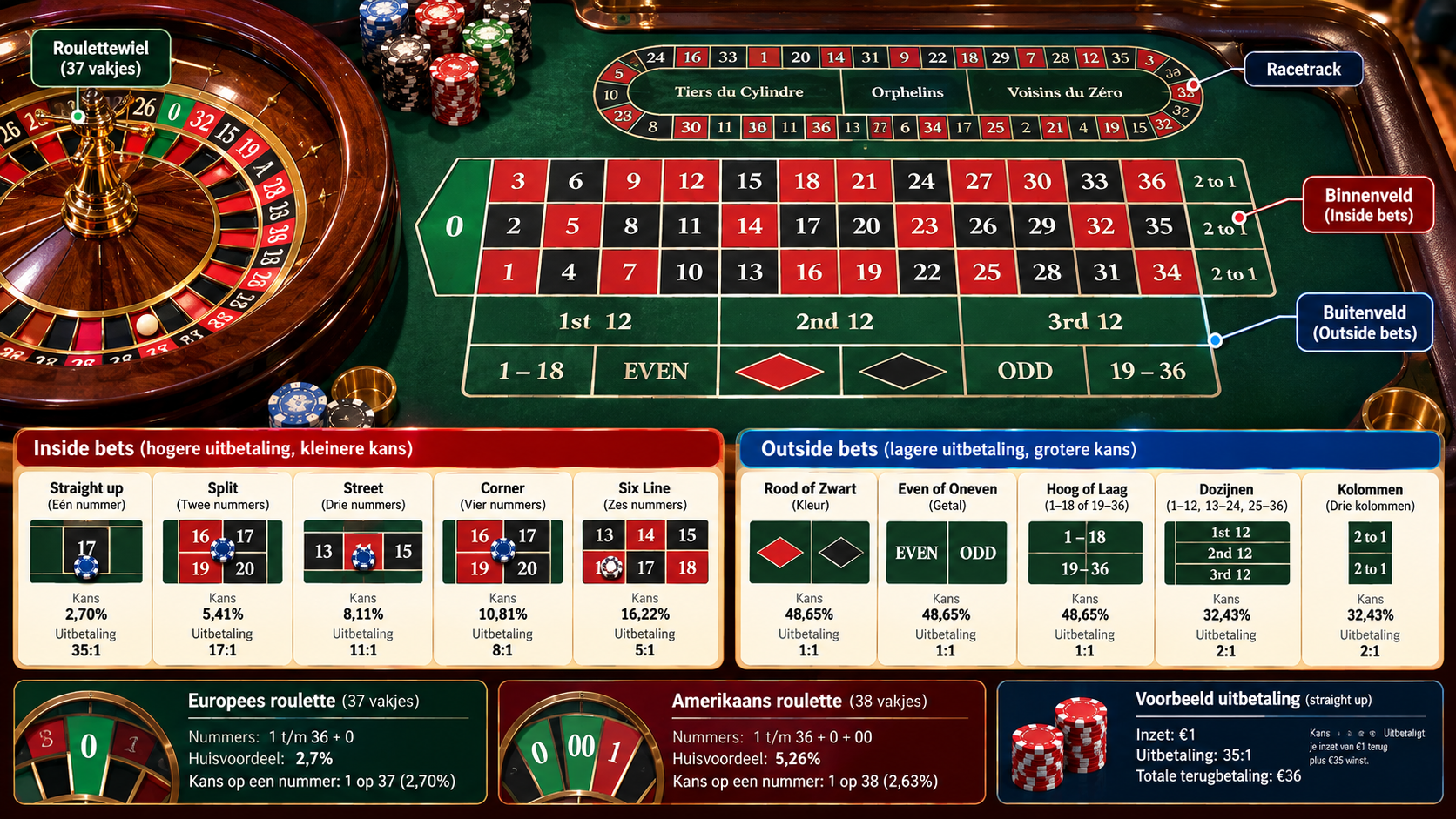 Overzicht van roulette-inzetten, kansen, uitbetalingen en verschil tussen Europees en Amerikaans roulette.