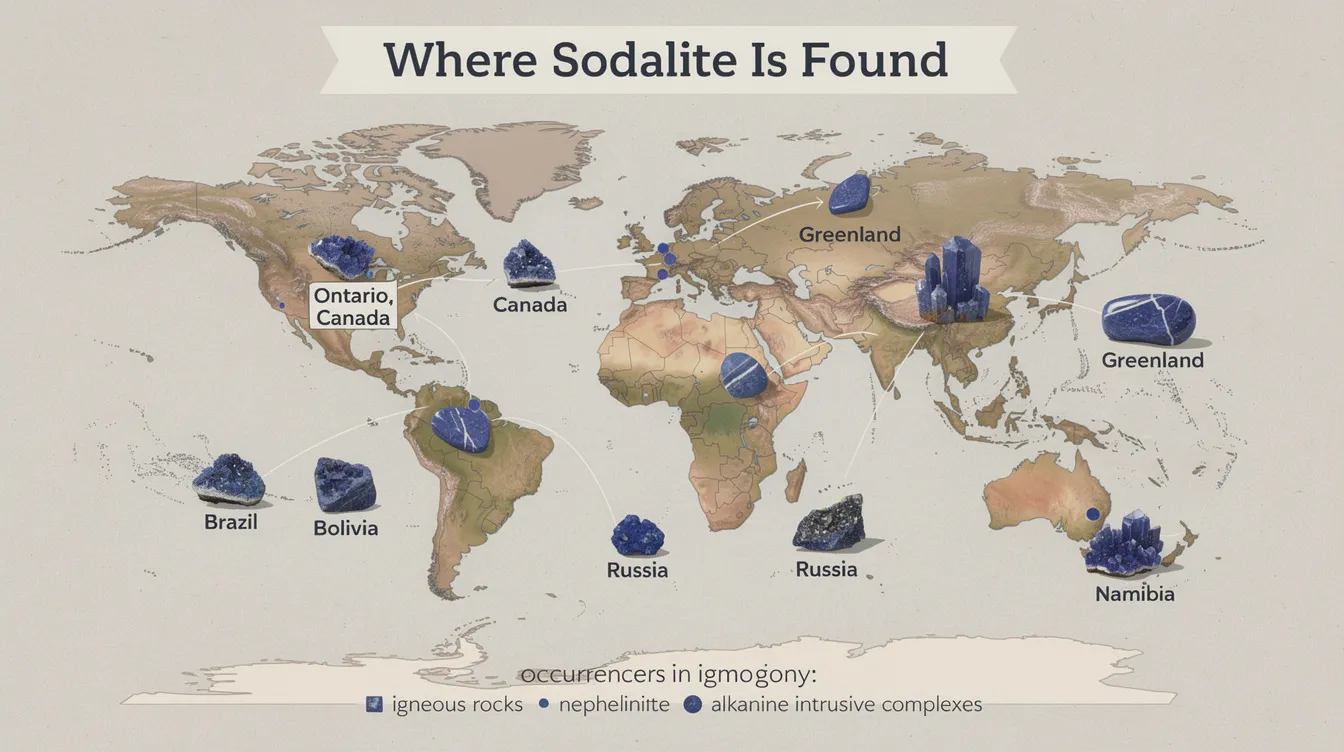 The image depicts various forms of sodalite, a rich blue stone known for its decorative properties, alongside other minerals and crystals. It showcases polished sodalite tumbled stones, sodalite earrings, and highlights its metaphysical healing properties, such as promoting emotional balance and aiding in throat chakra healing.