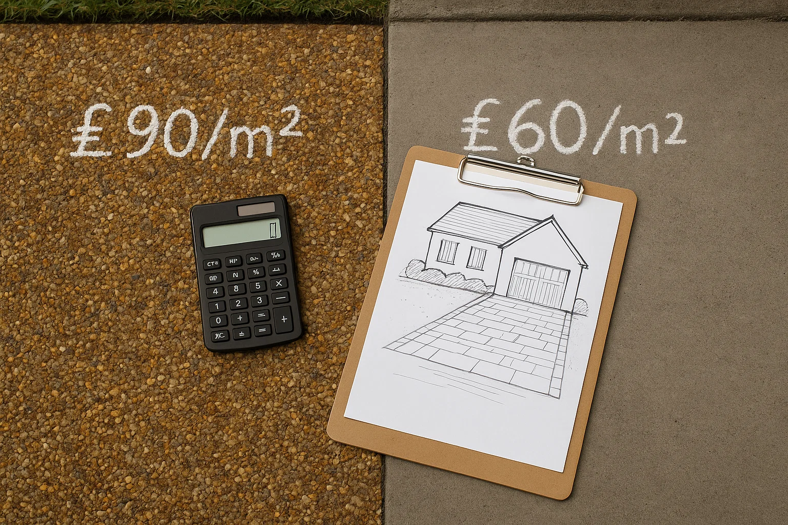 Driveway cost plans comparing resin and concrete options on a UK property.