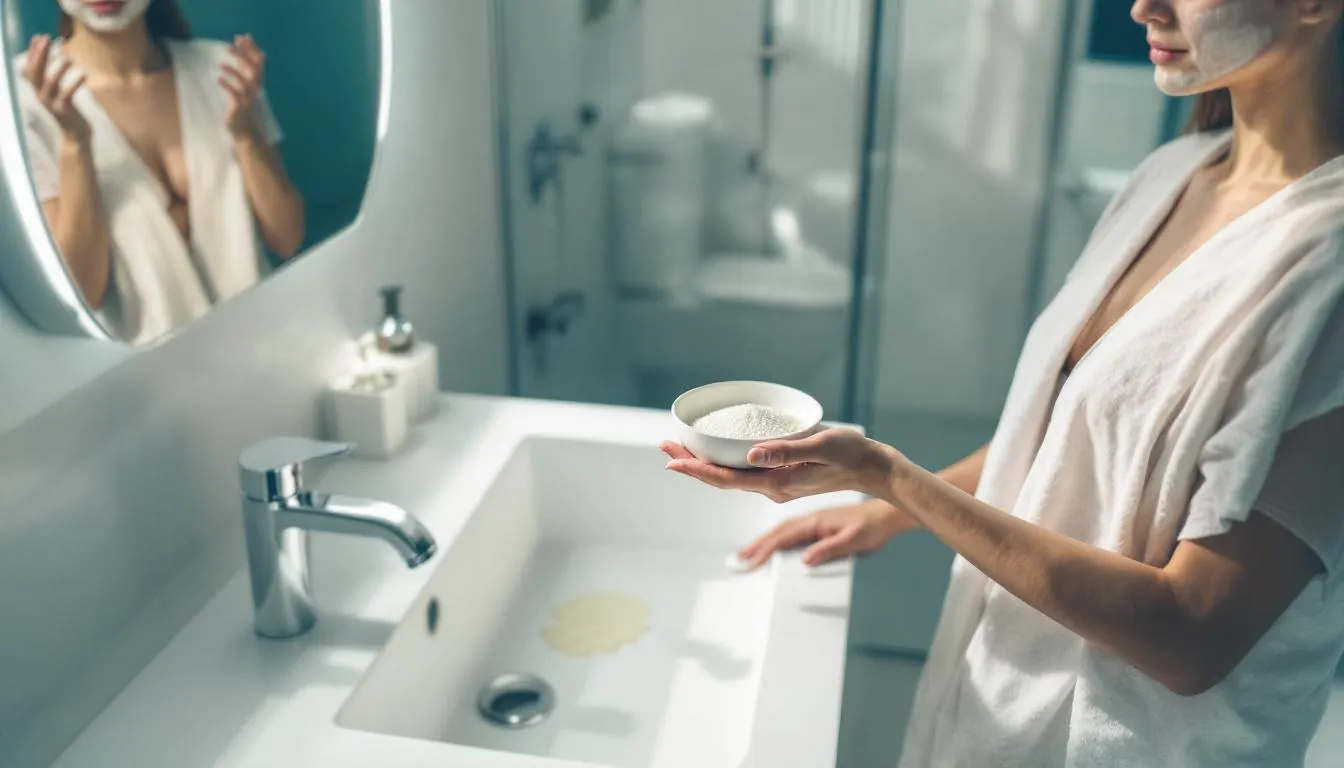 In an average bathroom, a person is using cleansing grains, a natural skincare product, to gently cleanse their face. The mixture, which may include ingredients like brown rice, ground oats, and dried herbs, is being prepared with warm water, creating a soothing paste that helps remove dead skin cells and impurities, making it suitable for all skin types, including sensitive and acne-prone skin.