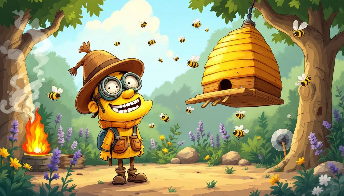 An illustration of natural methods to repel bees, including smoke and plants.