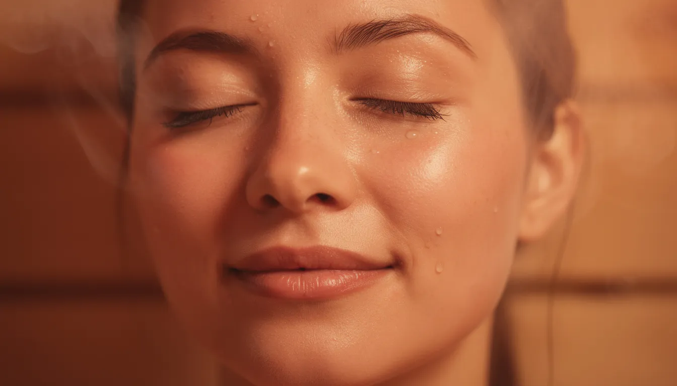 A close-up of a person's relaxed face with eyes closed, surrounded by the warm atmosphere of an infrared sauna, suggesting deep relaxation and the therapeutic benefits of red light therapy. The gentle heat promotes improved circulation and supports muscle recovery, enhancing overall skin health and well-being.