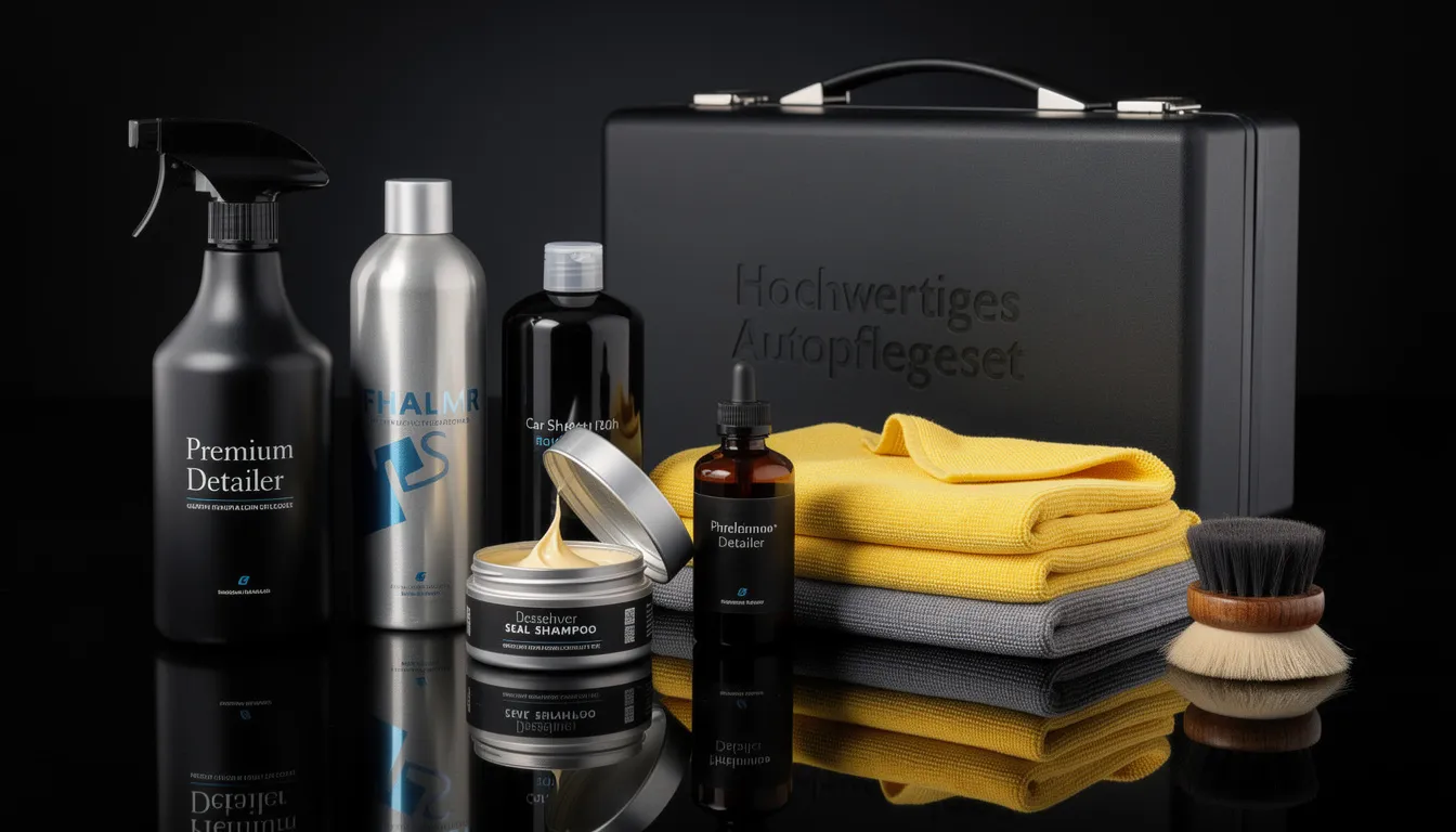 Das Bild zeigt ein hochwertiges Autopflegeset, das verschiedene Produkte zur Pflege und Reinigung von Fahrzeugen enthält. Es eignet sich hervorragend als Geschenk für Autoliebhaber und Autofans, die Wert auf die Pflege ihres Autos legen.