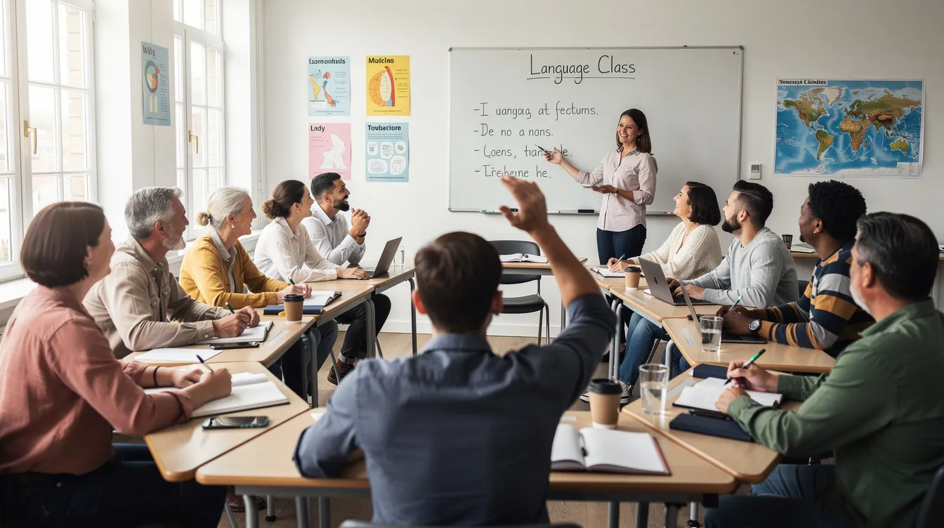 The image shows a diverse group of people engaged in a community language class within a bright and welcoming classroom. Participants, including immigrants and asylum seekers, are actively learning together, highlighting the importance of language education in Ireland for fostering integration and community among migrants.