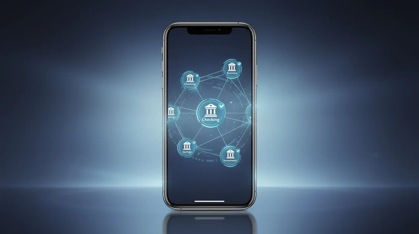 The image features a smartphone showcasing multiple connected bank account icons against a glowing blue background, symbolizing the open banking ecosystem. This visual representation highlights the integration of financial data access and innovative services offered by leading open banking companies, enhancing personal finance management and secure payments.