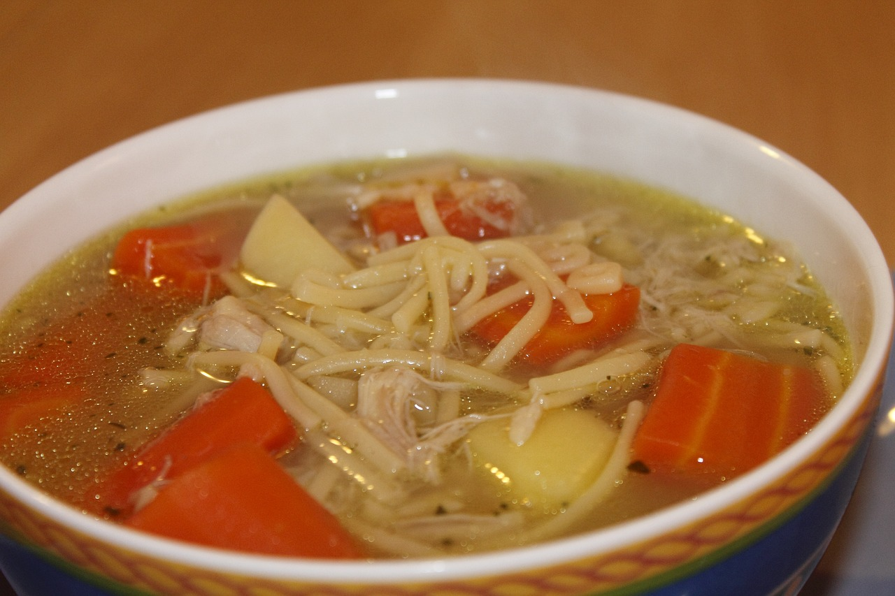 An image of a bowl of chicken noodle soup.