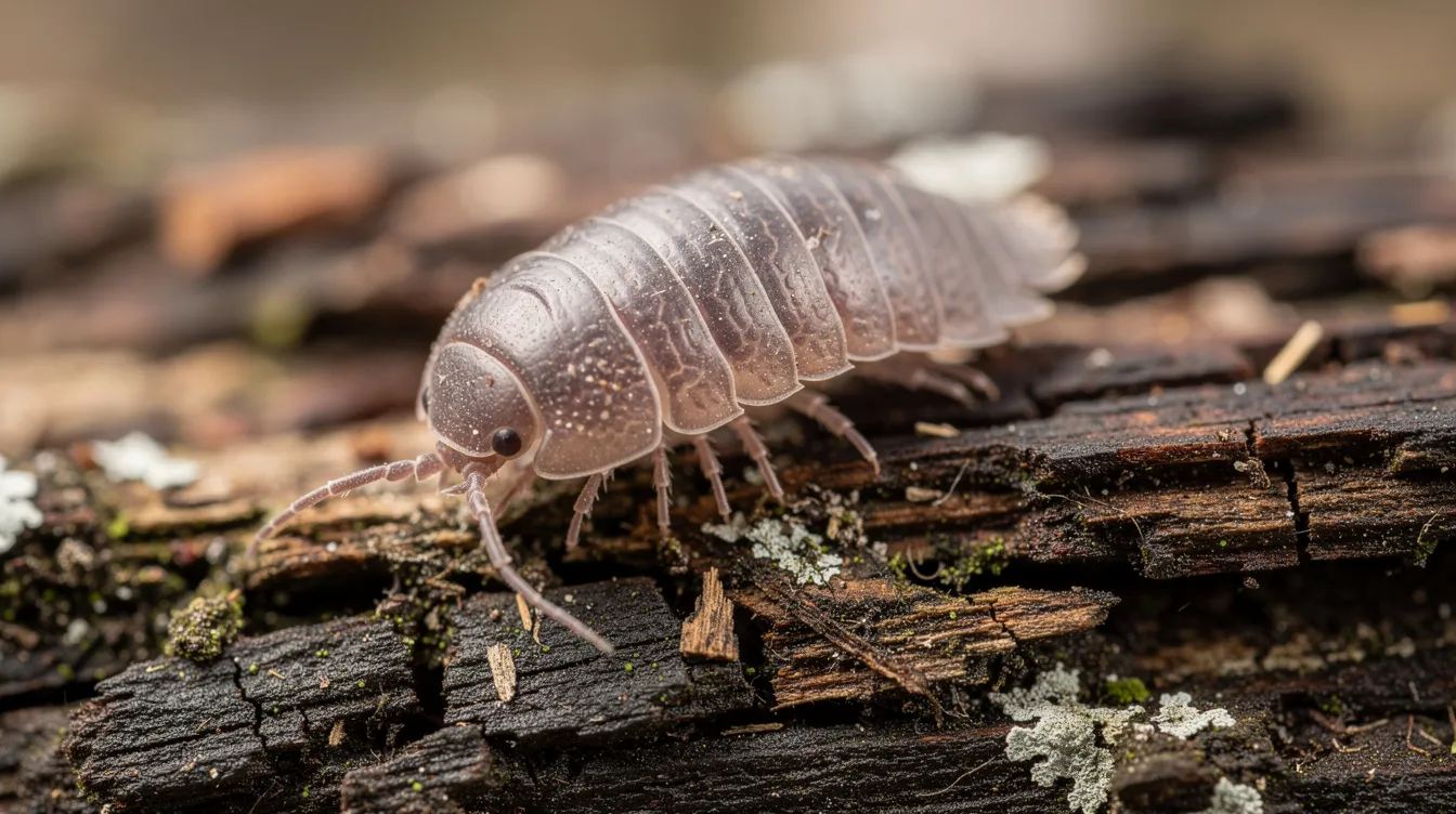 A close-up photograph captures a woodlouse resting on decaying wood, showcasing its segmented body and multiple legs. This small crustacean, part of the isopod group, is often found in damp places like compost heaps and leaf litter, playing a crucial role in the ecosystem as it contributes to the decomposition process.