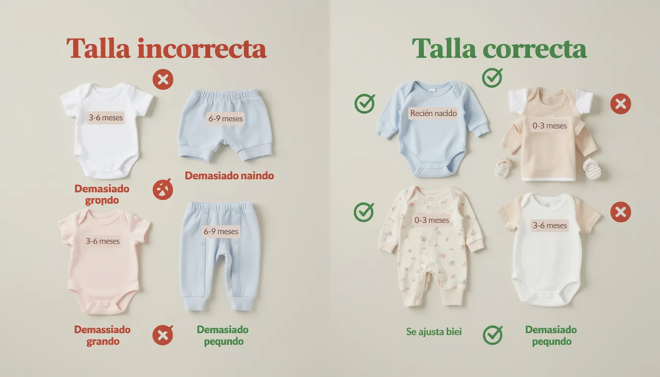 La imagen muestra varias prendas de bebé organizadas con etiquetas de tallas incorrectas y correctas, resaltando la importancia de elegir la talla adecuada para una mejor experiencia de compra. Se pueden observar diferentes colores y estilos de ropa, lo que refleja la diversidad de productos disponibles en la categoría de moda infantil.