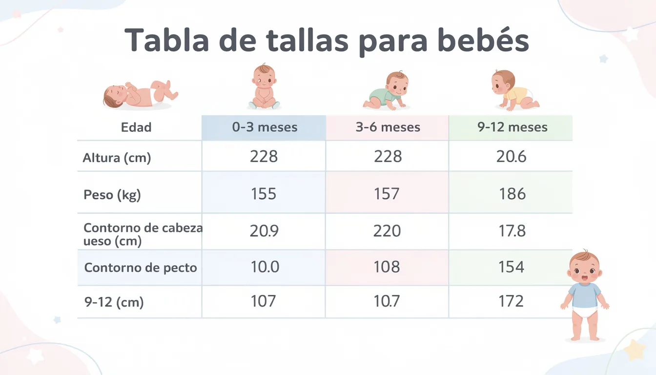 Imagen de una tabla de tallas que muestra las medidas correspondientes para bebés de diferentes edades, con un diseño claro y fácil de leer, ideal para ayudar a los clientes a elegir la ropa adecuada en la categoría de moda infantil.