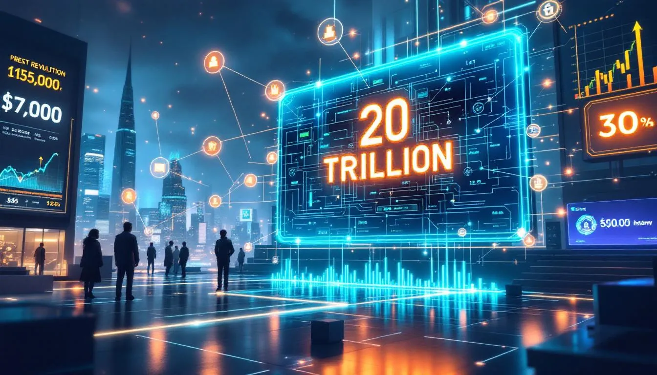 The image illustrates the concept of real world asset (RWA) tokenization, showcasing a futuristic financial landscape where traditional financial institutions and institutional investors engage with tokenized assets. It highlights the transformative impact of blockchain technology on asset ownership and investment strategies, emphasizing the potential for fractional ownership and enhanced market efficiency in the financial system by 2025.