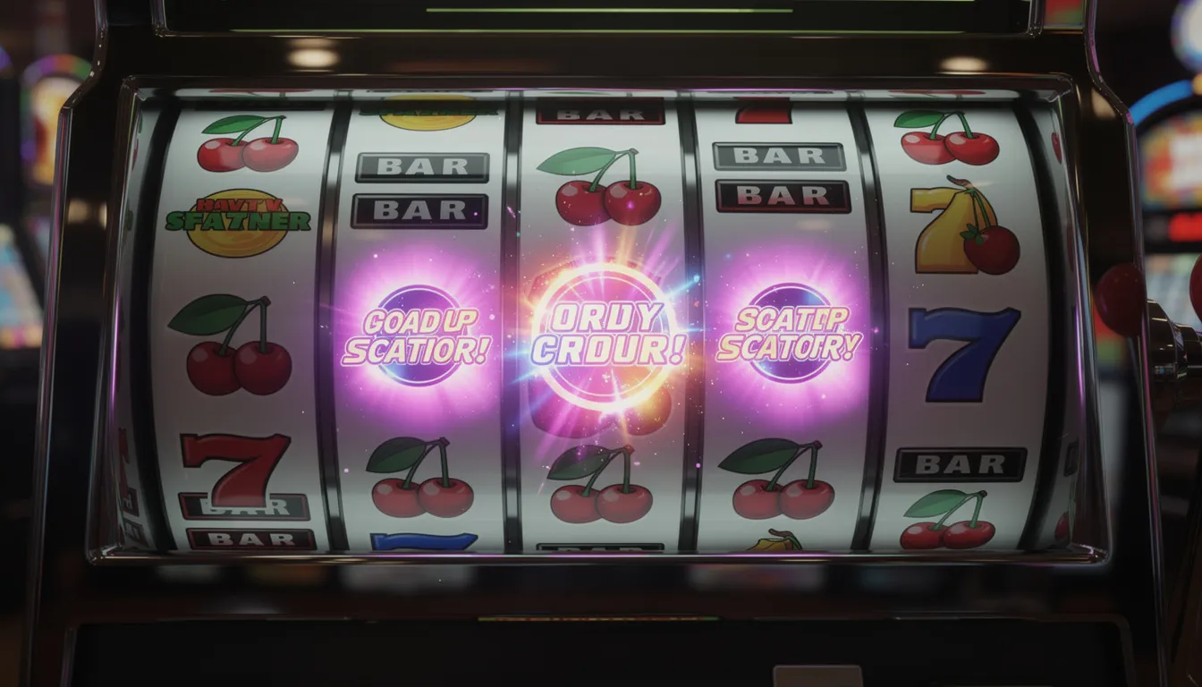 Vibrant slot machine reels adorned with glowing scatter symbols.