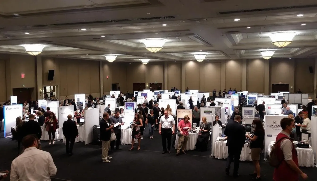 A large hotel ballroom is arranged for a trade show, featuring multiple exhibition booths showcasing various companies and products. This setup highlights the importance of the mice industry in hosting corporate events and facilitating knowledge sharing among industry leaders and professionals.