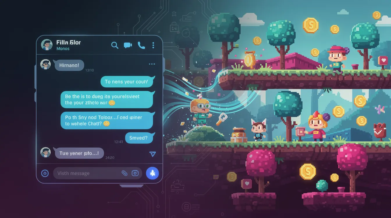 An abstract illustration features a glowing chat interface on the left side, seamlessly transitioning into a vibrant 2D game world on the right side, showcasing the possibilities of creating playable games with an ai game maker. The artwork emphasizes the connection between communication and game development, inviting users to start playing and exploring their own game ideas.