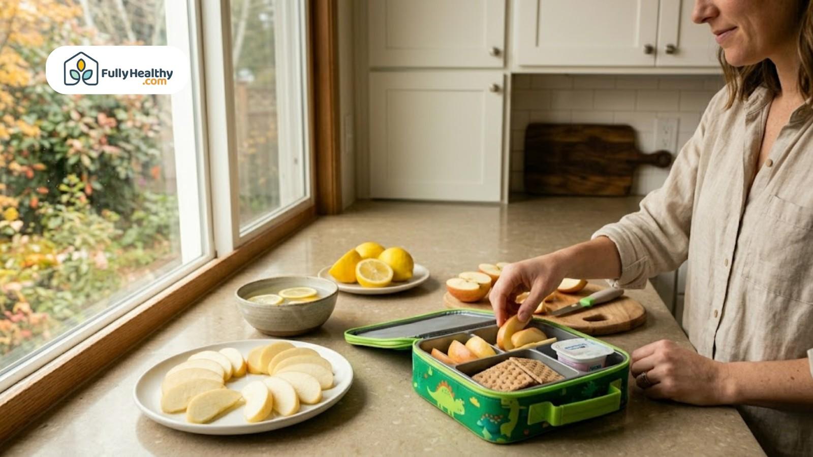 Person placing apple slices into lunchbox with snacks for meal prep