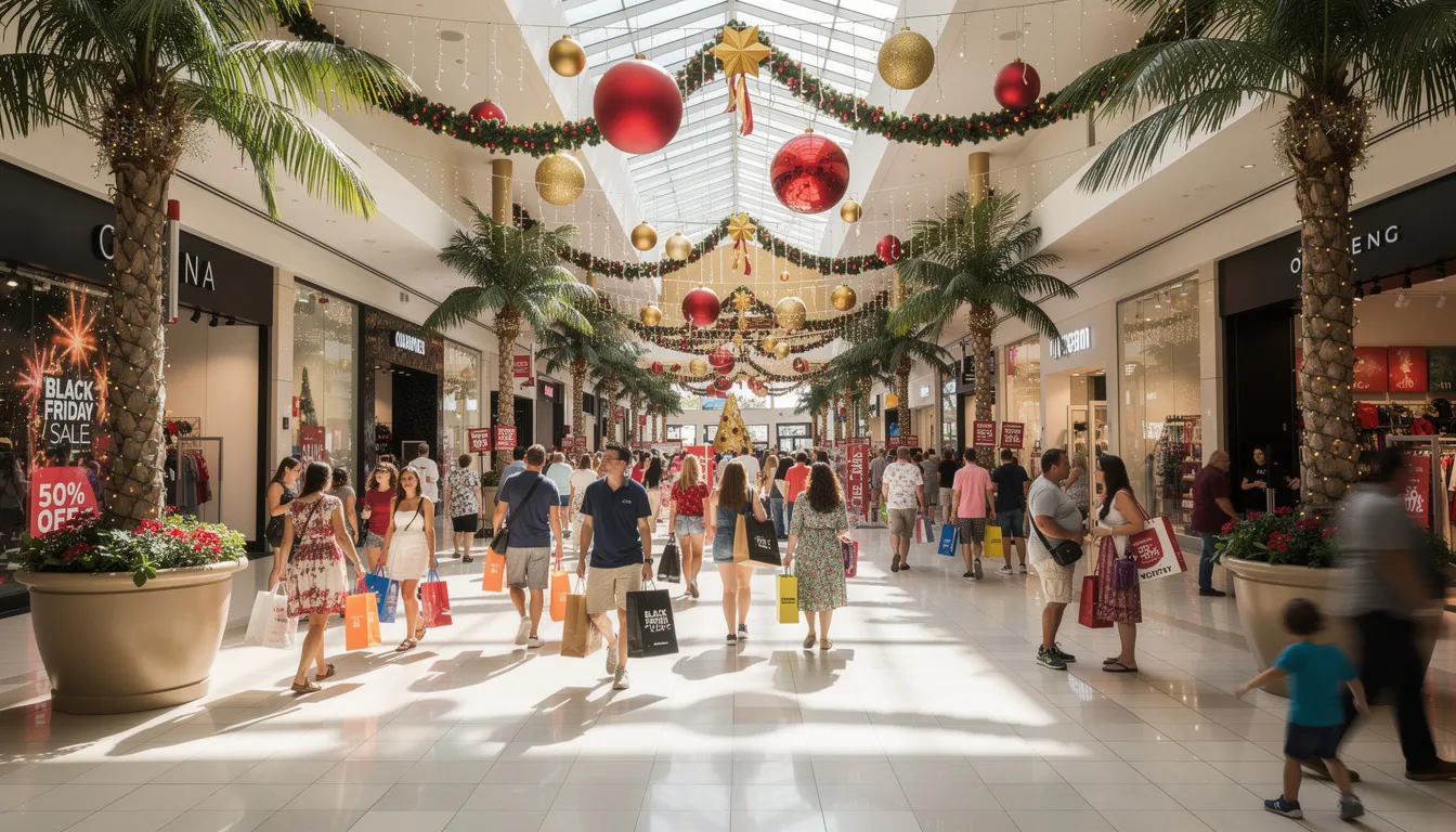 A bustling shopping mall in Southwest Florida is adorned with festive holiday decorations, filled with eager Black Friday shoppers navigating through the crowd. The scene captures the vibrant community spirit of Collier County during the holiday season, as families and friends enjoy their shopping experience.