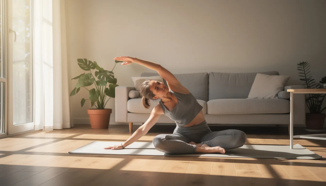 A person is performing light stretching or yoga in a sunlit living room, promoting muscle recovery and flexibility. The serene environment suggests a focus on wellness, which is essential for fitness enthusiasts considering creatine supplementation for optimal muscle growth and performance.