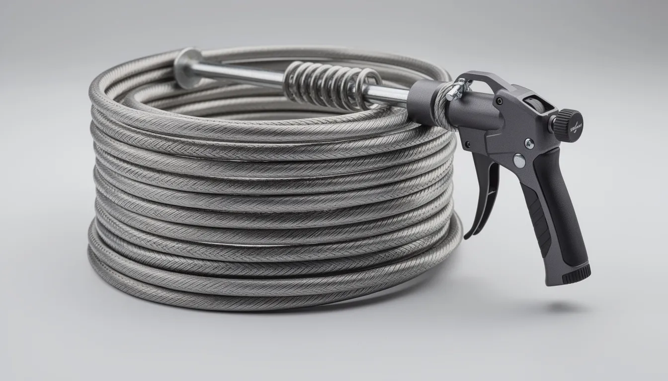 A close-up view of a professional drain snake auger tool, coiled and ready for use, showcases its robust design, essential for effective drain cleaning. This mechanical device is ideal for tackling stubborn clogs and other blockages in plumbing systems, ensuring prompt service for drainage issues.