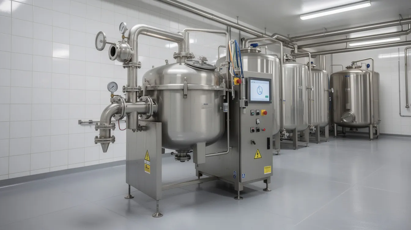 acbe2d9f c686 47df 82fa 24d653f03a79 The image depicts a large centrifugal cream separator machine in a dairy processing facility, essential for the butter manufacturing process. This machine efficiently separates cream from skim milk, facilitating the production of various types of butter, including sweet cream butter and cultured butter.
